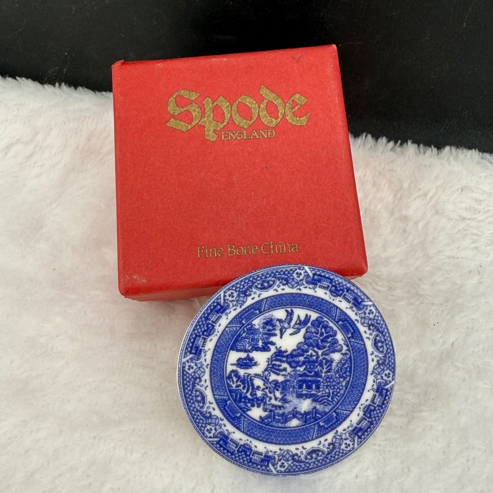 Vintage Spode England Brooch Blue Willow Fine Bone China Round Pin England